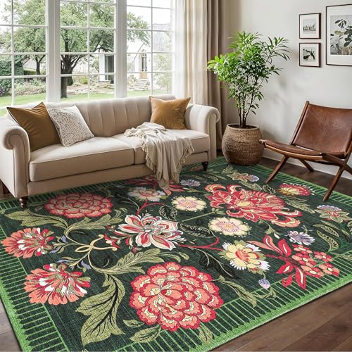 Garvee Floral Washable Rugs 8x10 Soft Non Slip Vintage Bedroom Carpet Ultra Thin Stain Resistant Botanical Area Rug for Dining Room Nursery Playroom L