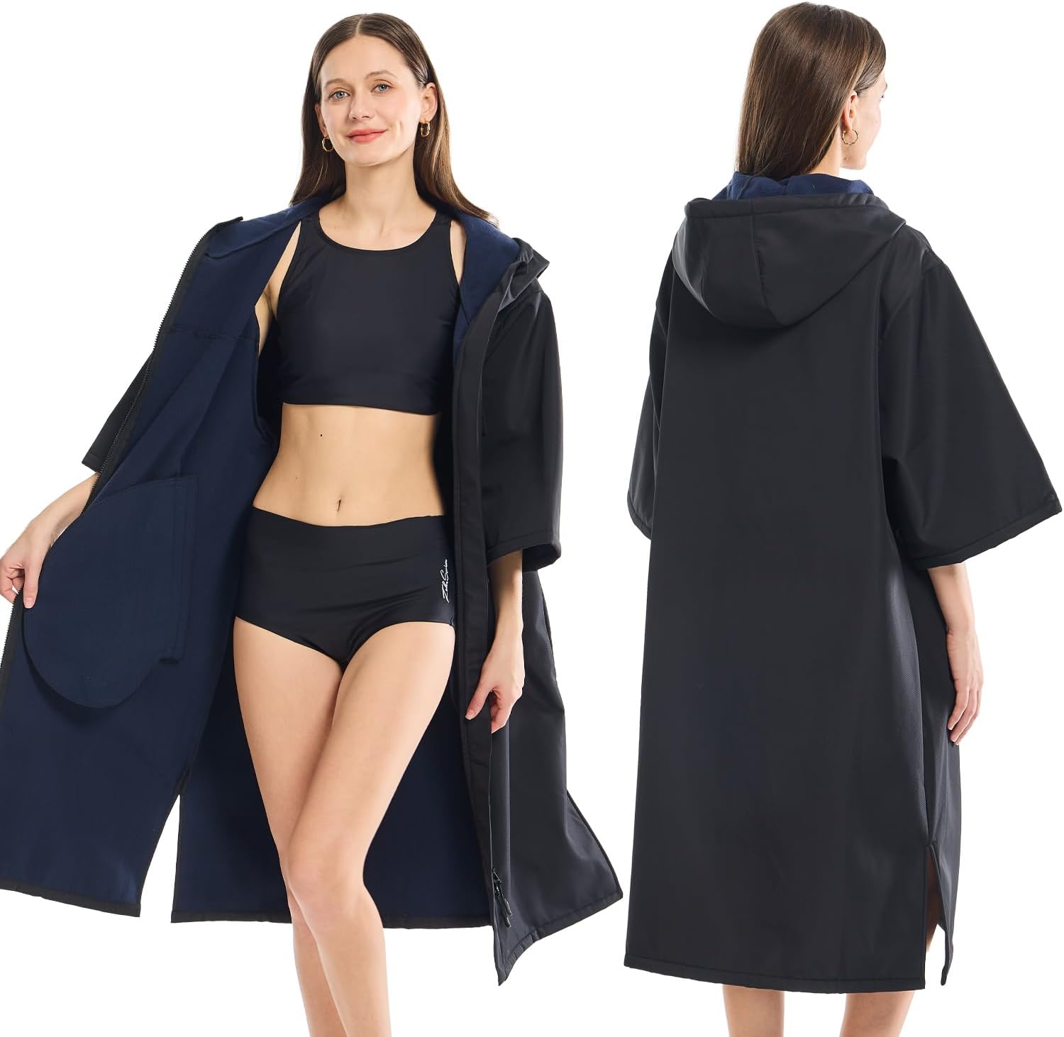 Oversized Waterproof Swim Parka, Half Sleeve Unisex Changing Robe With Hood, Fleece Lined Surf Poncho For Beach, Pool (Black)