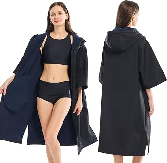 Oversized Waterproof Swim Parka, Half Sleeve Unisex Changing Robe With Hood, Fleece Lined Surf Poncho For Beach, Pool Black