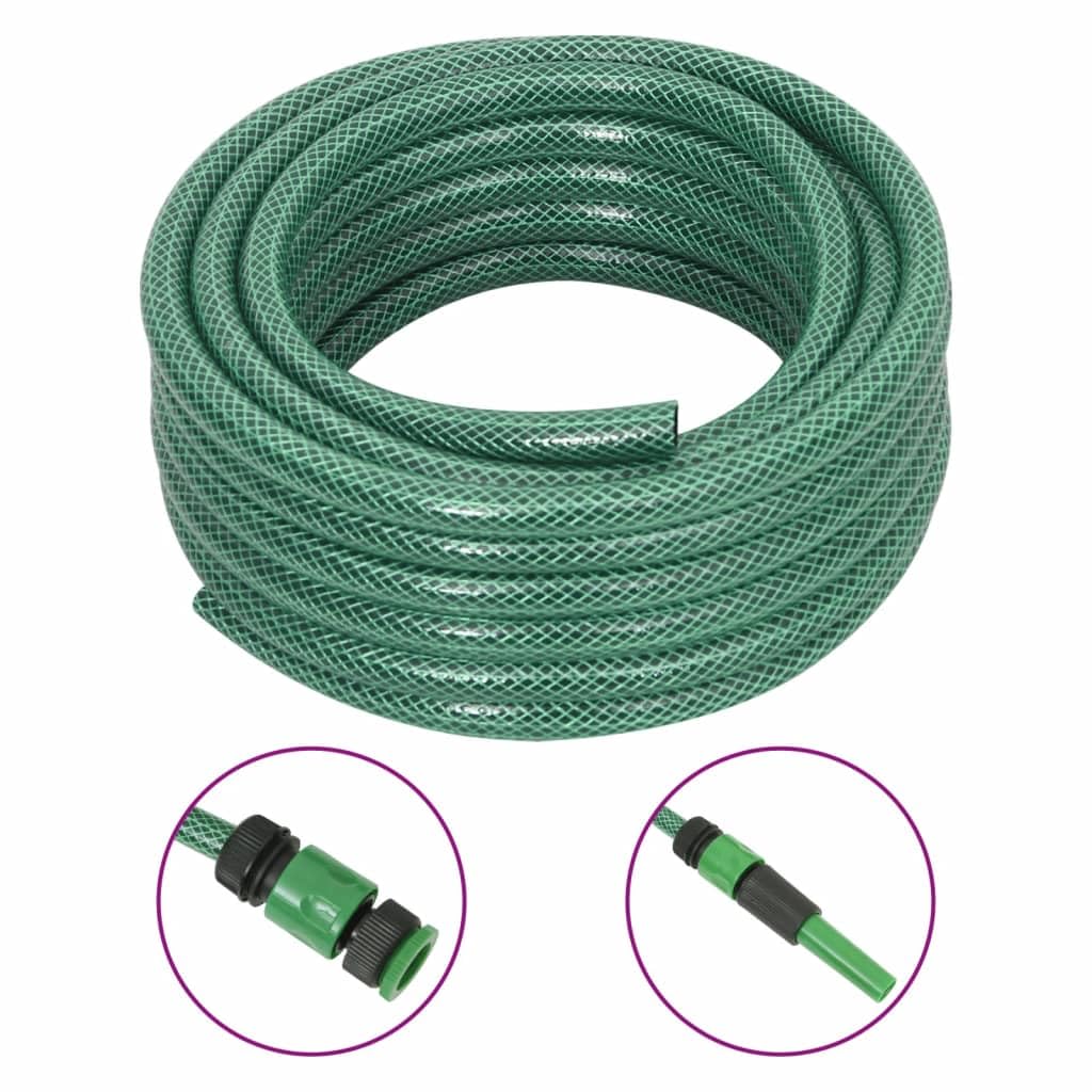 Tubo da giardino con giunto, colore verde, 1,3 cm, 30 m, in PVC, flessibile, per irrigazione, pulizia con pistola a spruzzo, connettore per giardino, terrazza, balcone, esterno