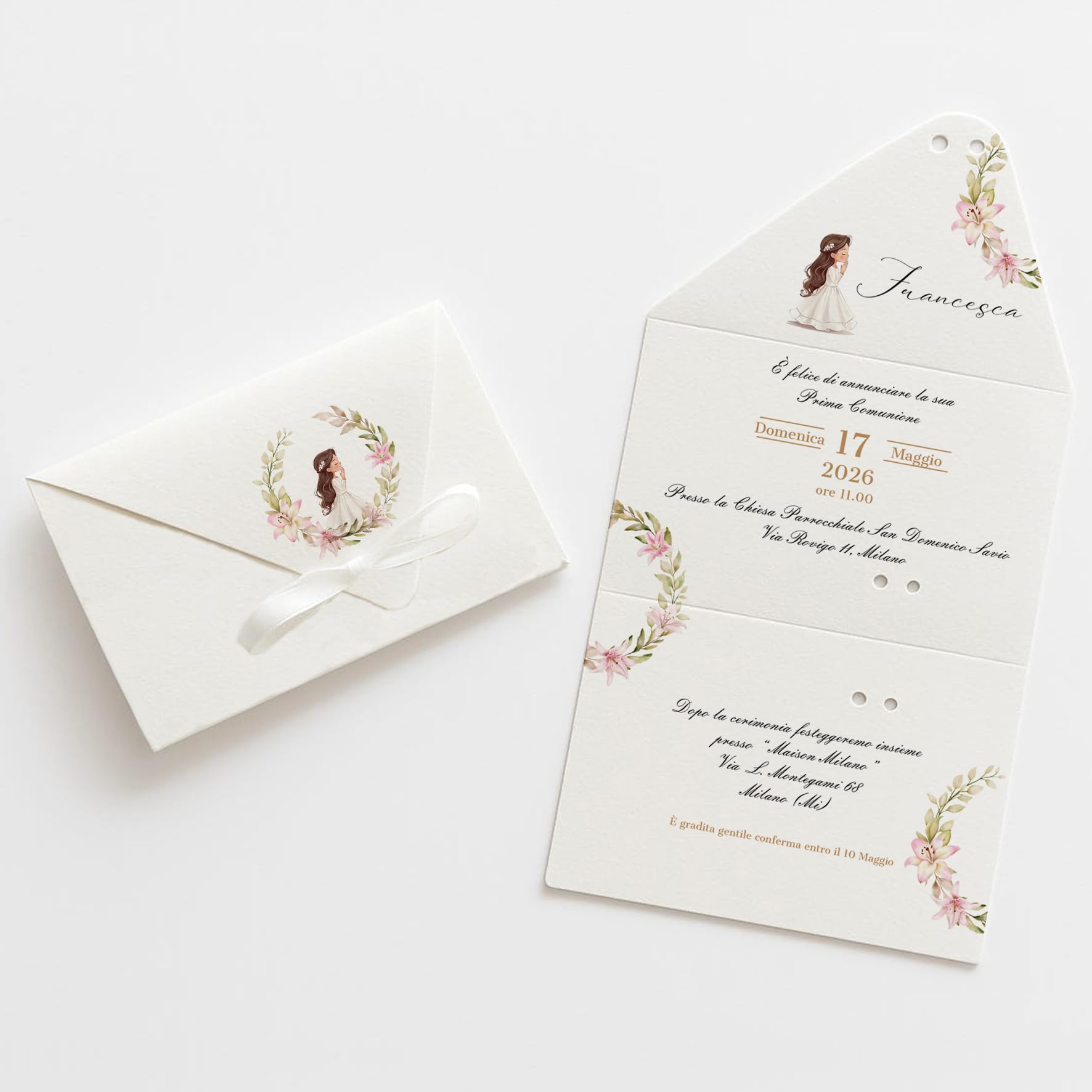 PV Grafik® 15 Inviti Prima Comunione Bambina Personalizzati, Busta con Nastrino, Partecipazione Comunione Bimba, Formato 15x28 cm, Personalizza e scegli la quantità. (C15)