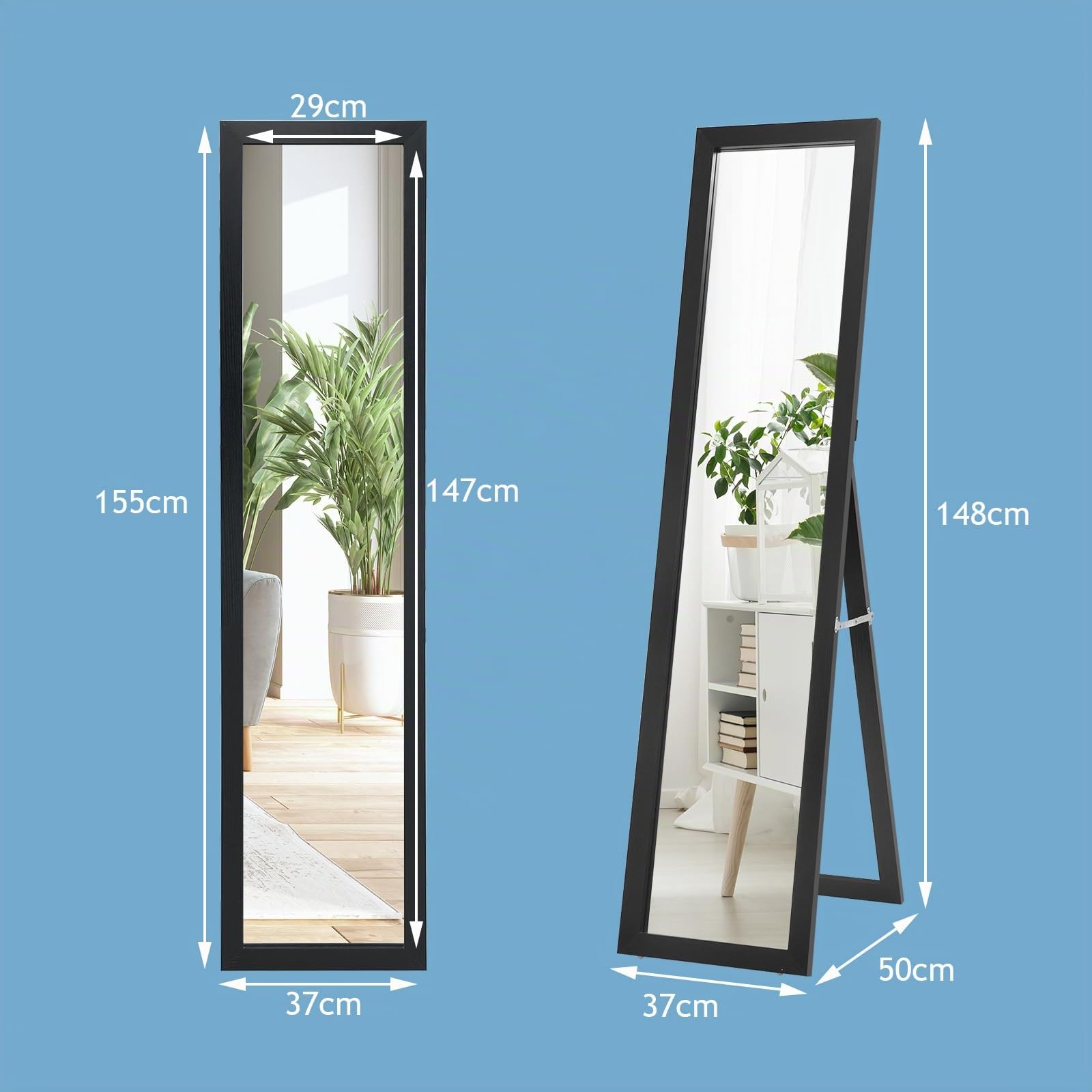 LIFEZEAL 2 in 1 Specchio da Parete, da Terra Lungo, Specchio da Pavimento Ingresso Senza Carda Specchiera Rettangolare, 155x37cm per Soggiorno, Camera da letto, Bagno, Moderno, Elegante (nero)