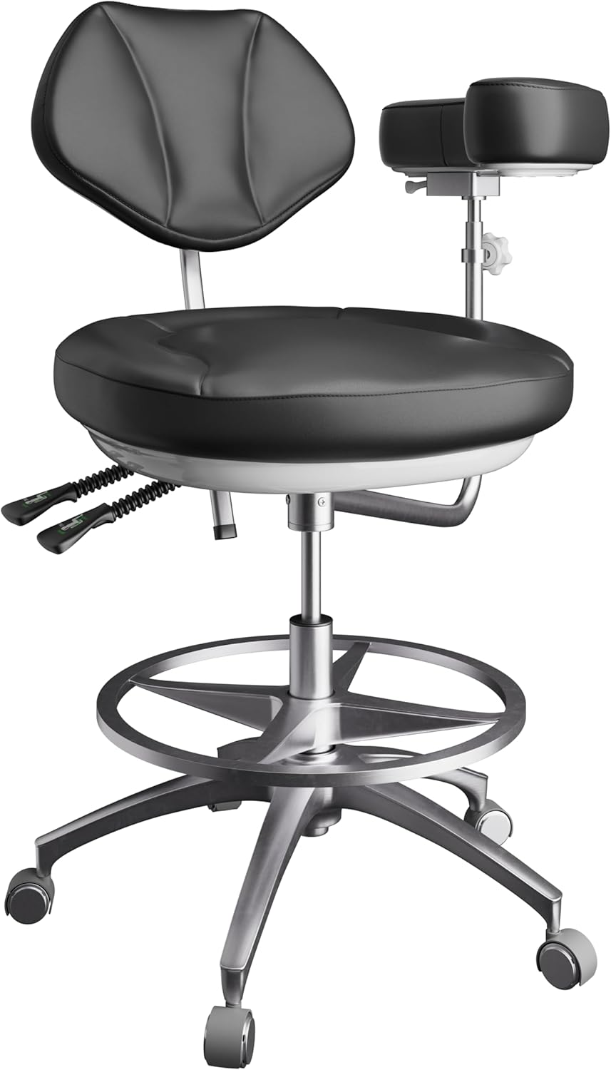 Dental Assistant Chair Ergonomic Medical Adjustable Rolling Stool with Back Support Rotatable Armrest for Clinics Dentist Tattoo Office,Salon,Laboratory - Black