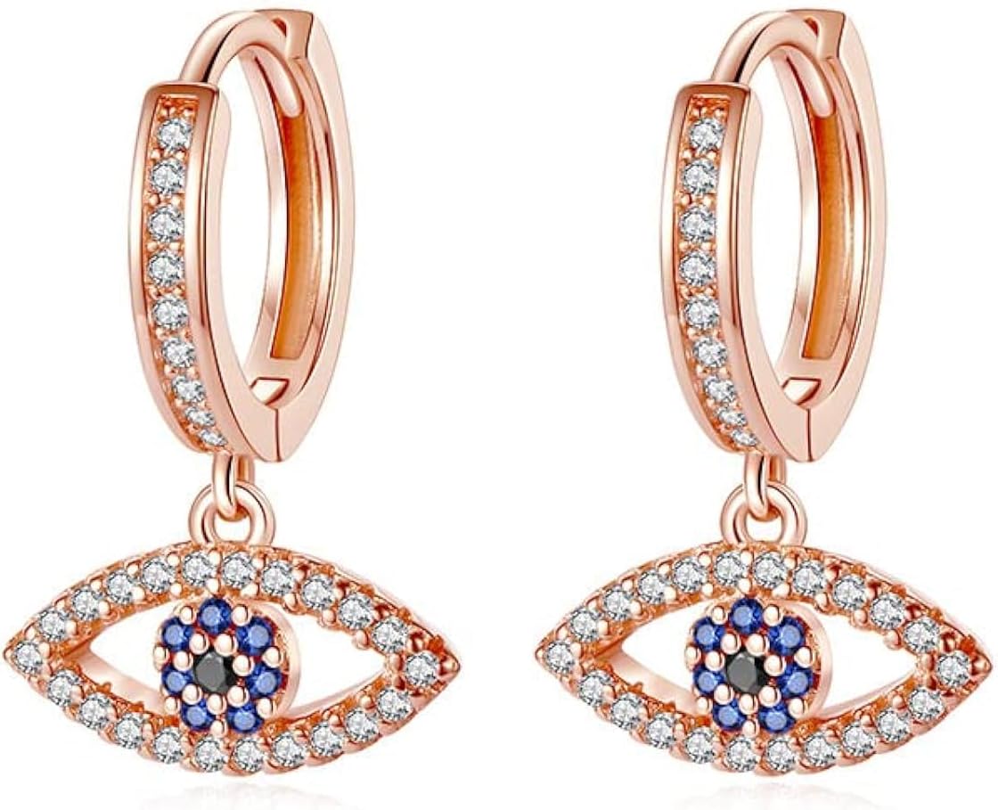 14K Gold Moissanite Evil Eye Hoop Earrings for Women,Delicate Sapphire Hollow Hamsa Huggie Earrings,Fashion Lucky Jewelry Gift for Her