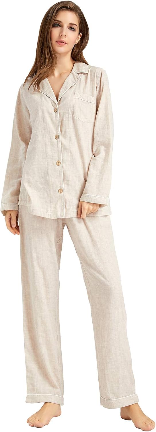 XINJU Womens Muslin Pajama Set 100% Cotton Double Gauze Linen Like Breathable Soft Button Up Loungewear Sleepwear PJ Set