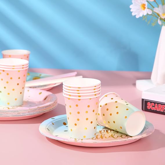 200 Pcs Pastel Party Supplies Birthday Party Plates and Napkins Sets,Disposable Pastel Birthday Plates - Rainbow Paper Plates Napkins Cups for Birthday Baby Shower Party Decorations
