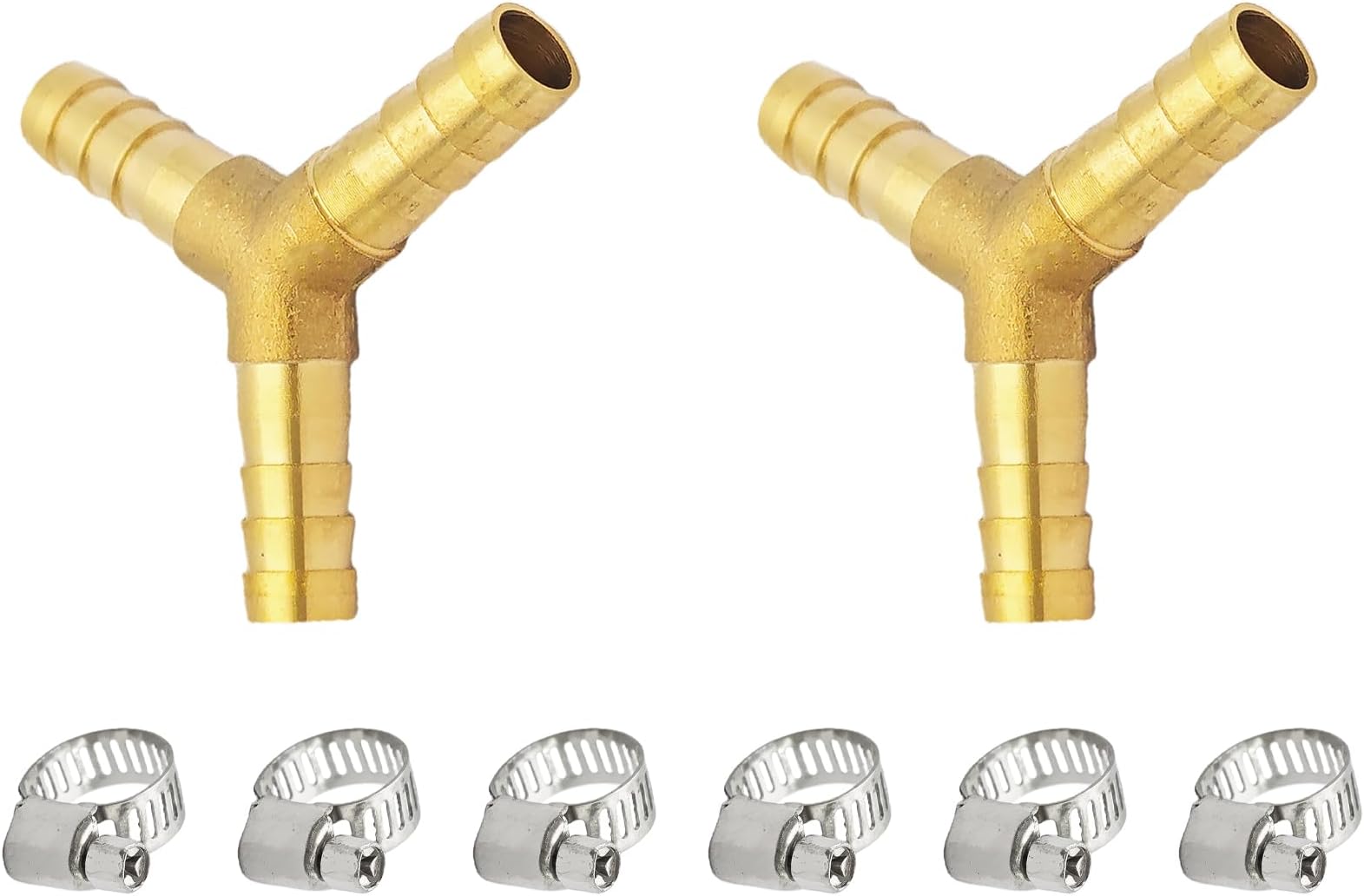 2Pcs 5/16Inch 3 Way Brass Hose Barb, Y Shape Brass Barb Connector Fitting with 6Pcs Hose Clamps for Fuel, Air, Water, Oil, Gas(8mm)