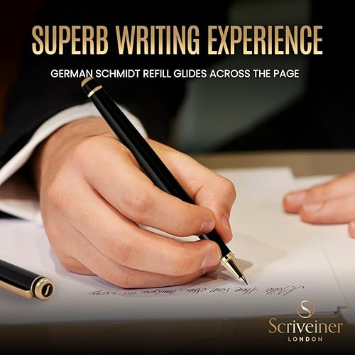 Miniatura 4 de Scriveiner Bolígrafo Rollerball de Laca Negra - Impresionante Bolígrafo de Lujo, Chapado en Oro Real, Repuesto de Tinta Schmidt, El Mejor Set