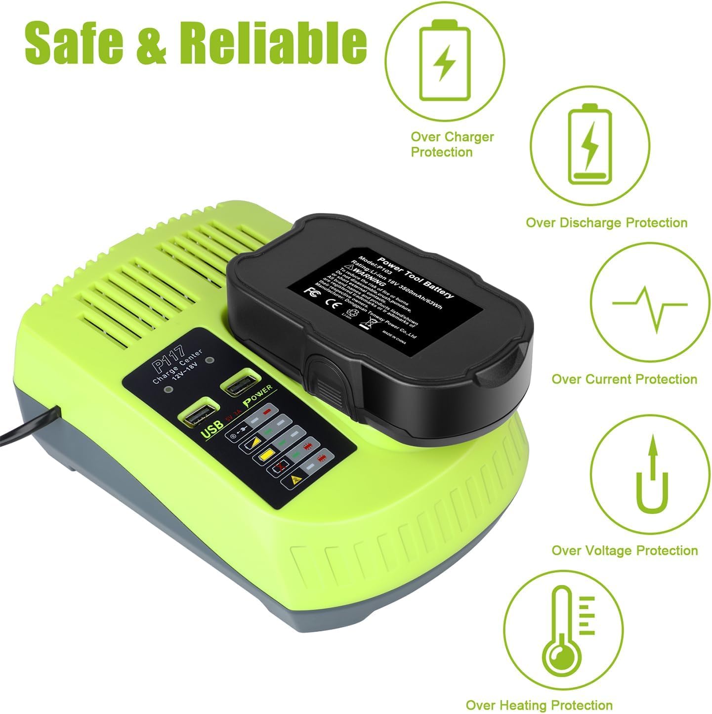 2 Pack P102 18V Battery with P117 Charger Combo Compatible for RYOBI 18V Battery P103 P104 P105 P108 P197 P189 PBP005 Cordless Power Tools