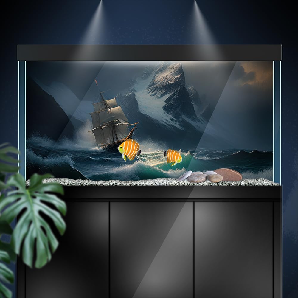 Aquarium Background Stickers - Ship, Ocean, Wave, Mountain, Self-Adhesive Fish Tank Reptile Terrarium Decor Poster (90 x 60 cm / (35.4 x 23.6 inches))