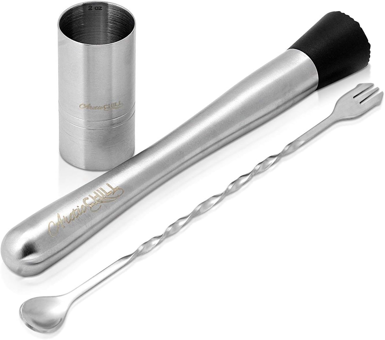 Arctic Chill 3 Piece Stainless Steel Muddling Tool Set, Grooved Nylon Head Muddler, Bar Mixing Spoon with Garnish Fork Tip, Double-Sided Cocktail Jigger, Perfect Professional Bartender Kit