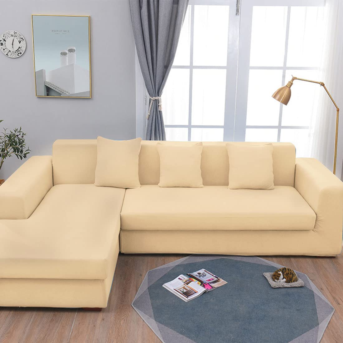 Housse de canapé en L jaune pour illuminer votre salon familial 4 places