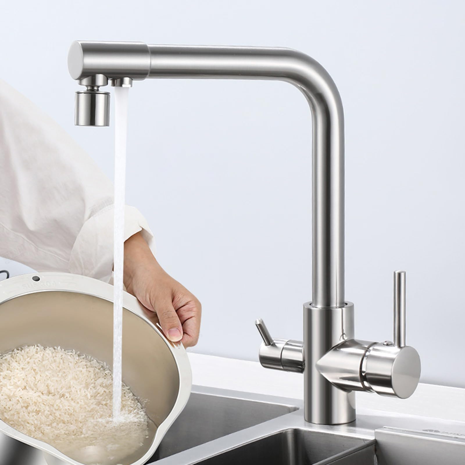Grifo Cocina Cepillado 3 en 1 Rotación de 360° Grifo Osmosis 3 Vías con 2 Salidas Doble Manija,Cepillado