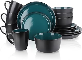 GOOD ALWAYS Plates and Bowls Sets, 16 Pieces Dinnerware Sets, Dishes Set for 4, Christmas, Kitchen Set is Home Essentials, Dark Green & Black