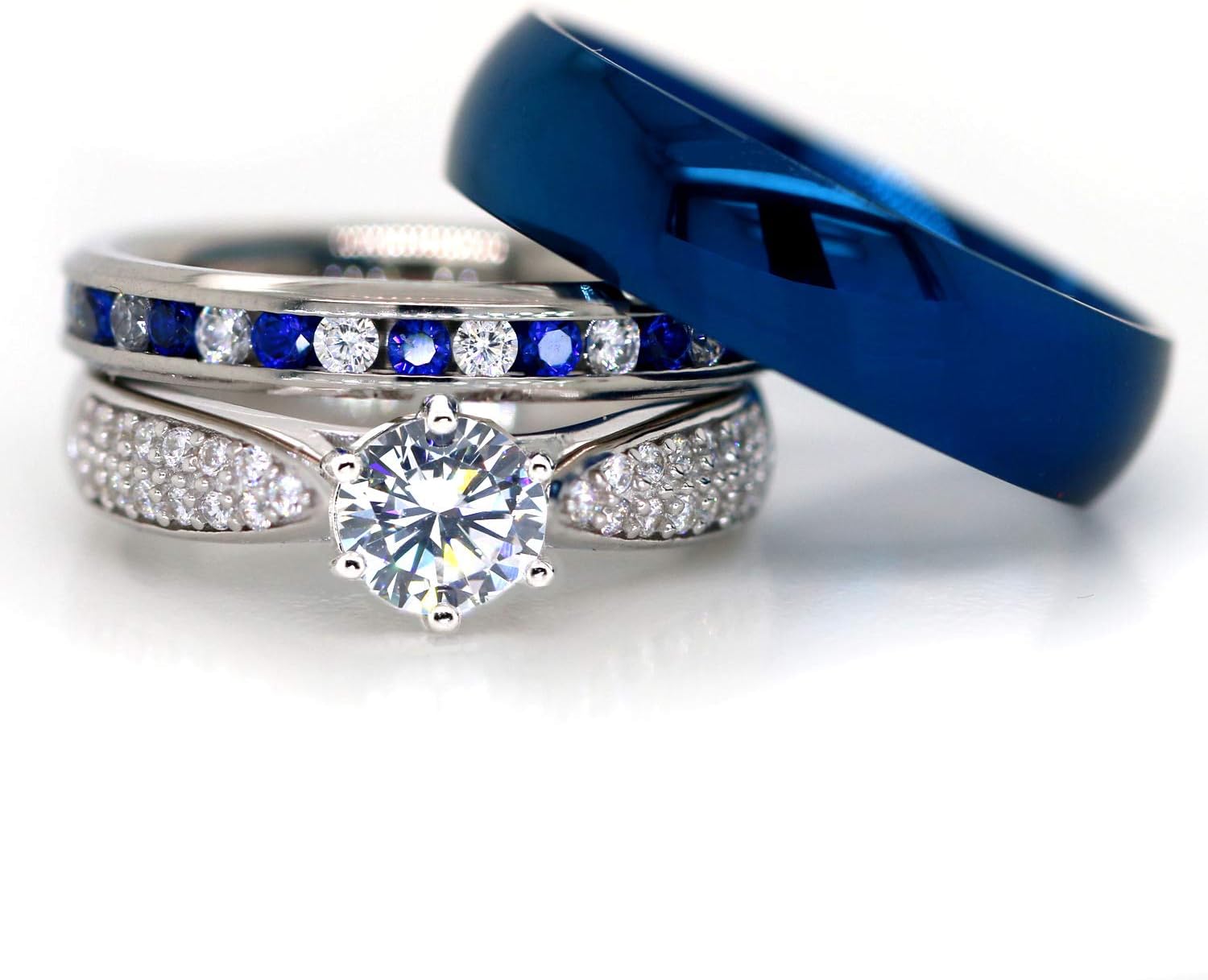 His and Hers 925 Sterling Silver Blue Saphire Stainless Steel Wedding Rings Set Blue #SP24BLMSBL