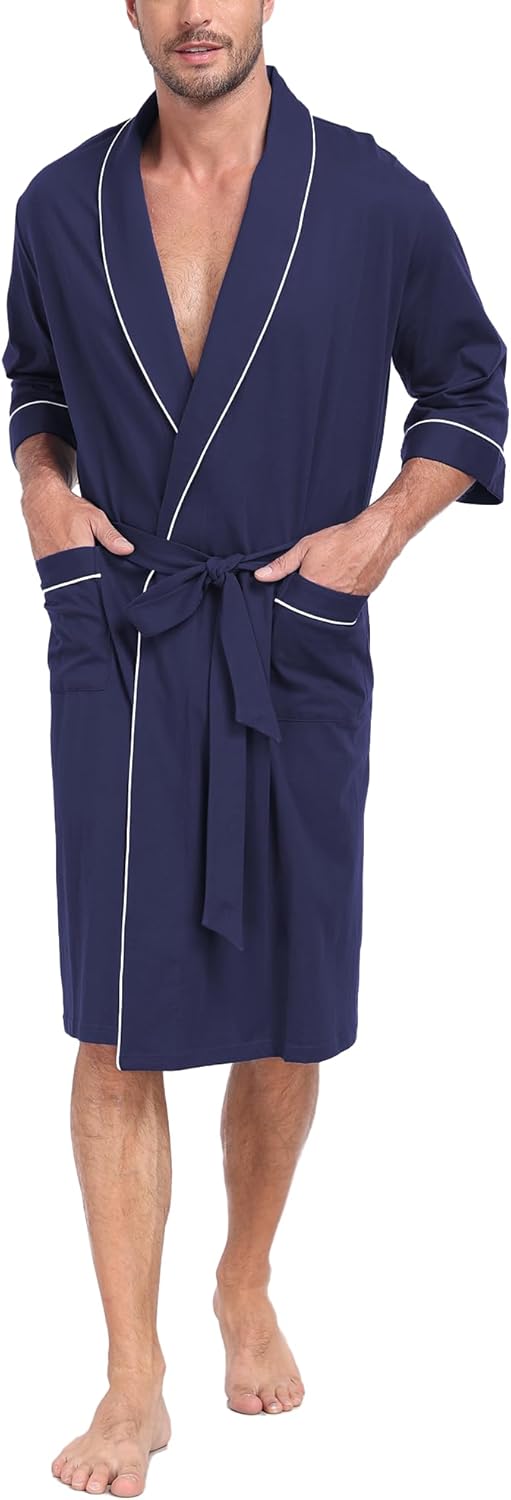 COLORFULLEAF 100% Cotton Men's Bathrobes for Summer Comfort Lightweight Breathable Short Sleeve Kimono Robe with pockets