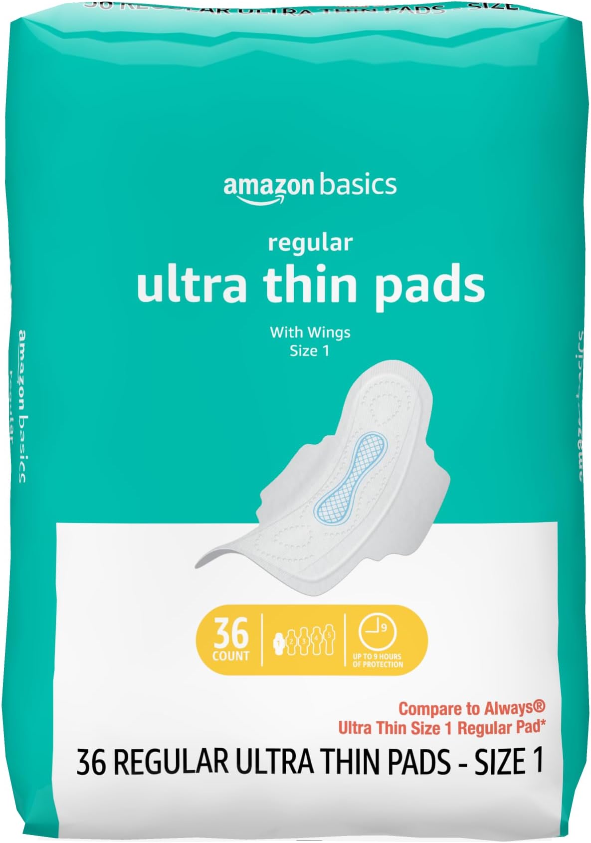 Regular Absorbency Feminine Pads for Women, Ultra Thin with Flexi-Wings, Unscented, Size 1, 8-Hour Protection, Leak Prevention, 36 Count