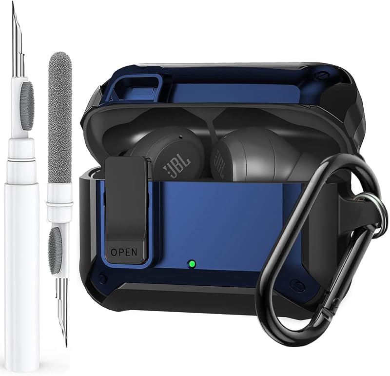 Compatible with JBL Vibe Beam/Beam 2 Case Cover Lock Clip with Cleaner Kit,Cool Protective JBL Vibe 200TWS Cover Men Women with Carabiner for JBL Vibe Beam 2 Charging Case - Blue