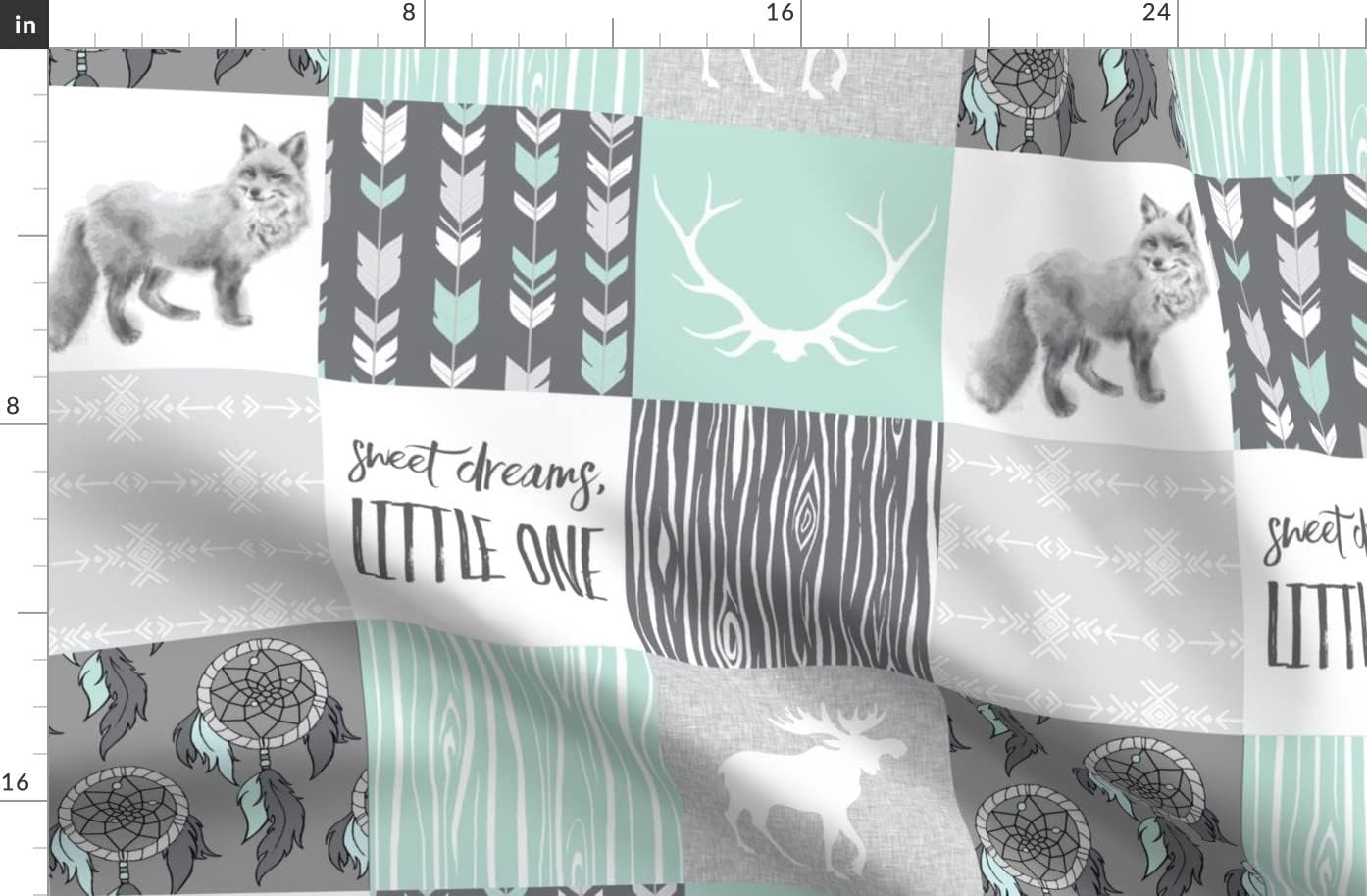 Spoonflower Fabric - Sweet Dreams Patchwork Mint Grey Animals Southwest Boho Fox Moose Printed on Organic Cotton Sateen Fabric by The Yard - Sewing Quilting Apparel Home Decor