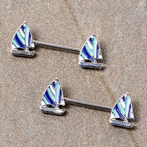 Body Candy 14G Womens Nipplerings Piercing Steel 2Pc Blue White Sailboat Nautical Nipple Ring Set 9/16" #TOP1