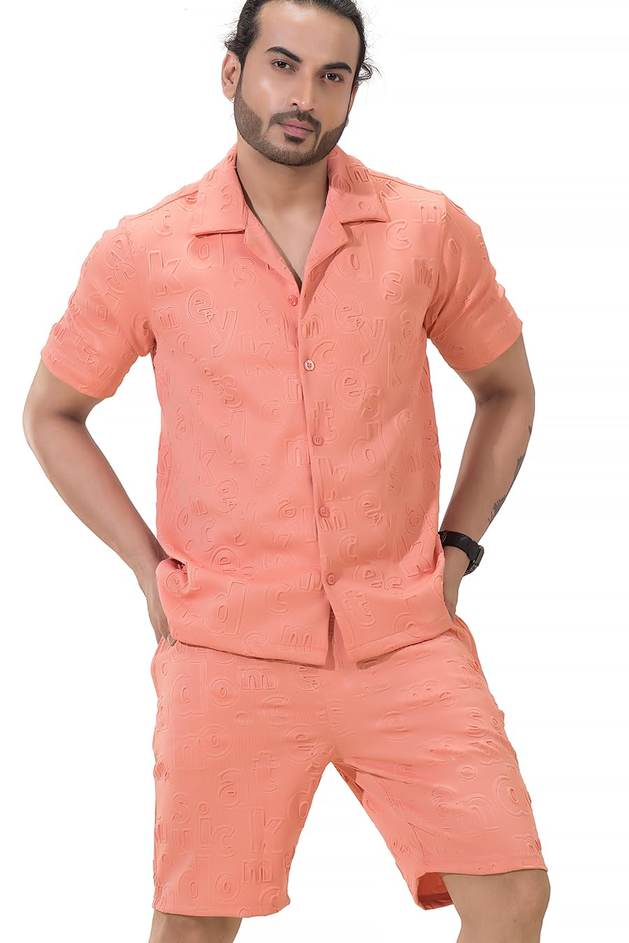 souped up fashion Polyester Blend Peppy Pair Embossed Half Sleeves Shirt & Shorts Co-Ord Set | Casual Summer Lounge | Cuban Collared Shirt with Shorts Set - Peach-picture-35