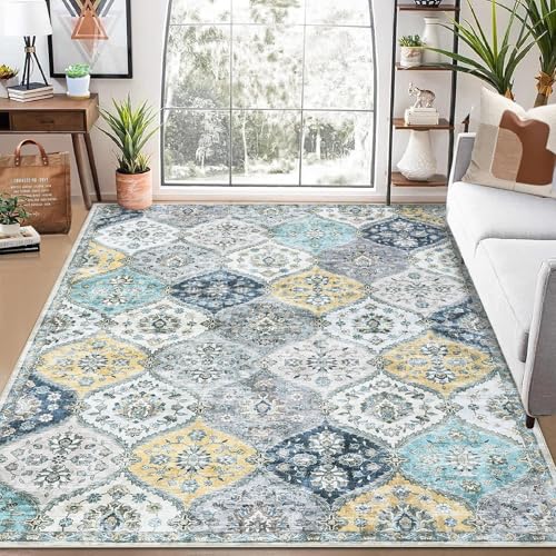 Tapete Oriental Lavable 9x12 Pies Azul y Amarillo miniatura 6