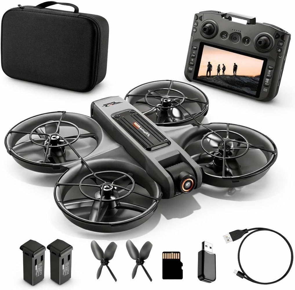RC Drohne mit HD Dual Kamera, Display Fernbedienung, Brushless Motor, 90° Kamera, FPV Livebild, Optical Flow, 360° Flip, LED, für Anfänger und Kinder (Schwarz, Akkus: 2 St.)