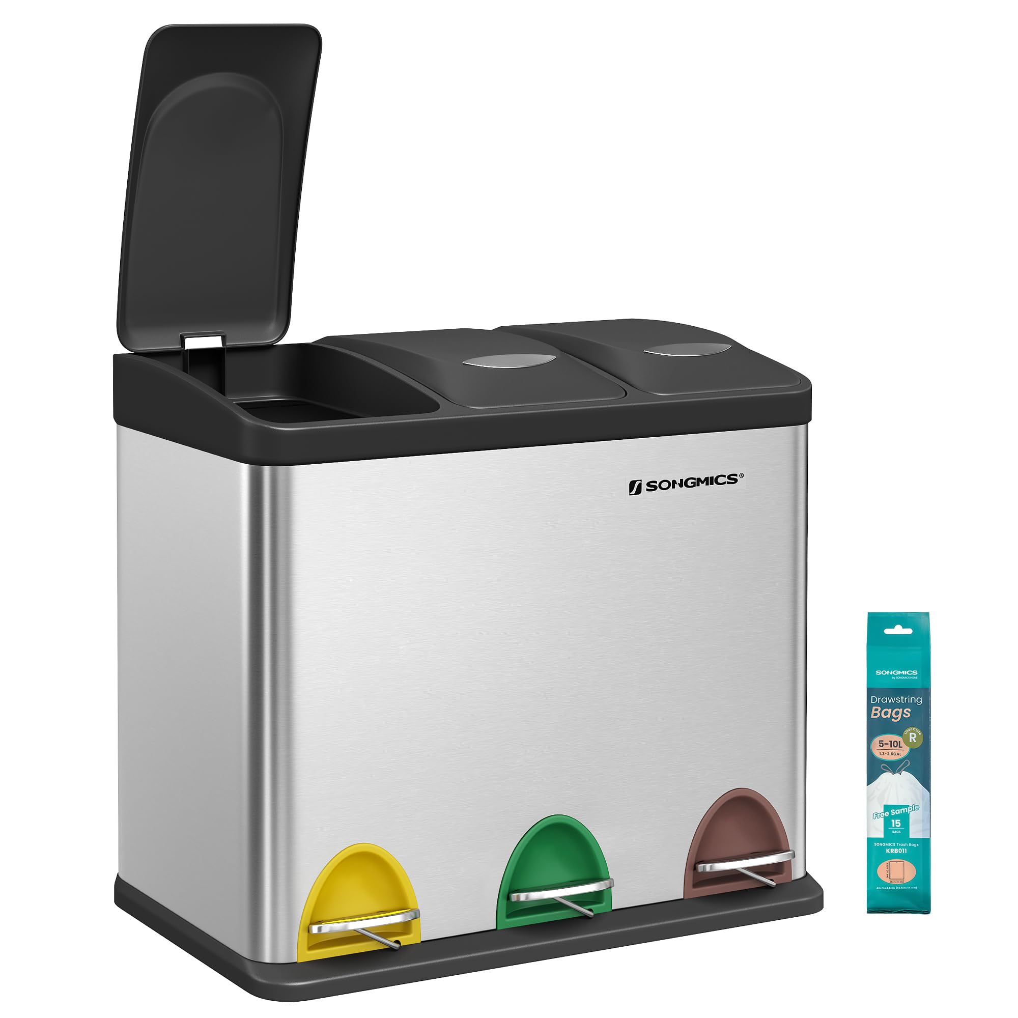 SONGMICS Poubelle Cuisine, Poubelle de Tri 3 x 8L, Petit Volume, Couvercles, Poubelle Triple en Acier, pour Petites Familles, Pédales et Seaux, Facile à Nettoyer, Argent et Noir LTB24L