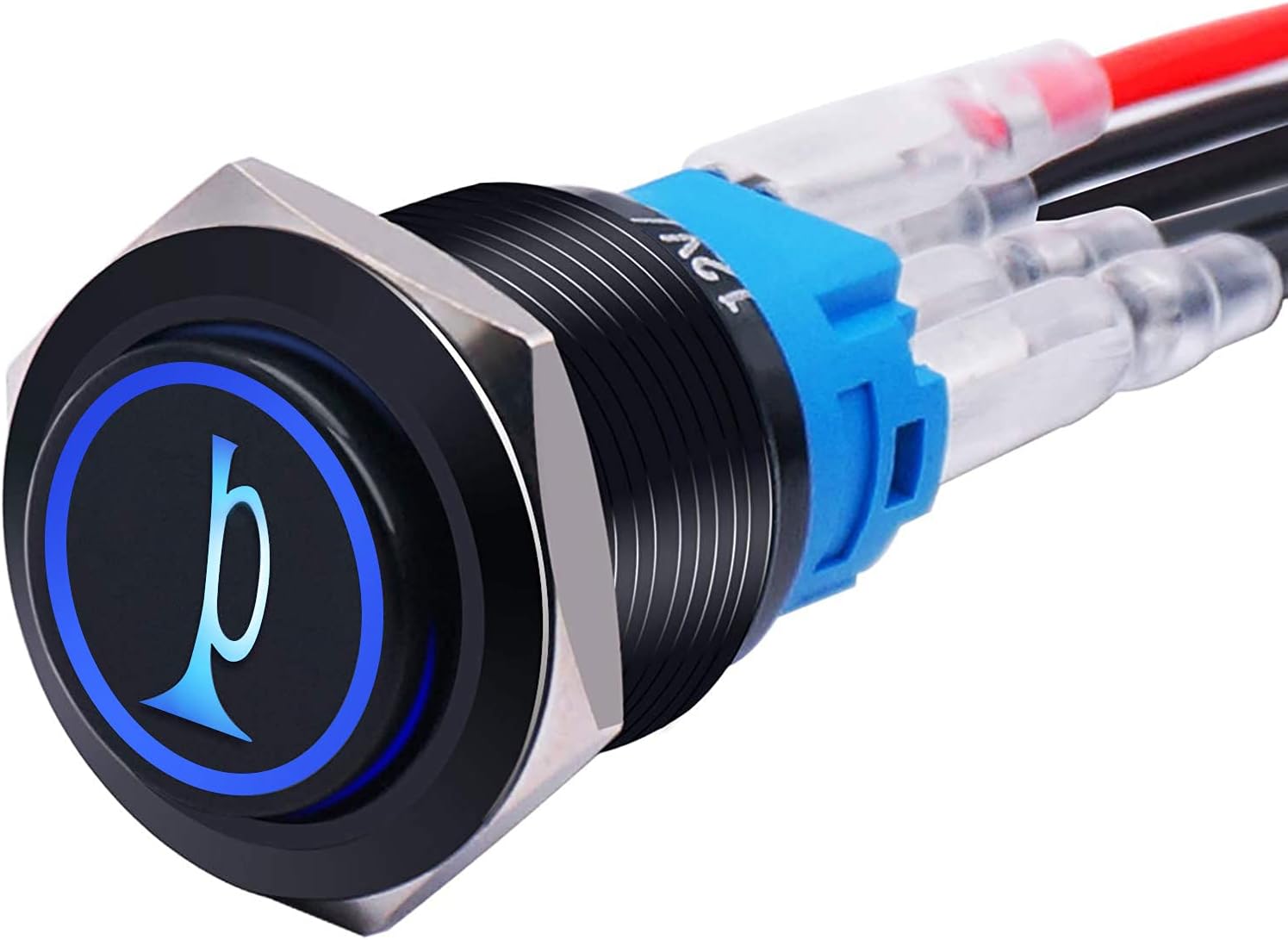 19MM Raised Speaker Horn Momentary Push Button Switch 3/4" Mounting Hole 12V Blue Led Light Black Stainless Steel Shell 1NO1NC SPDT with Pre-wiring Wires Switch For Car Modification BKG19LB-BU