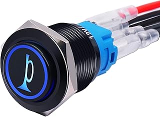 mxuteuk 19MM Raised Speaker Horn Momentary Push Button Switch 3/4" Mounting Hole 12V Blue Led Light Black Stainless Steel Shell 1NO1NC SPDT with Pre-wiring Wires Switch For Car Modification BKG19LB-BU