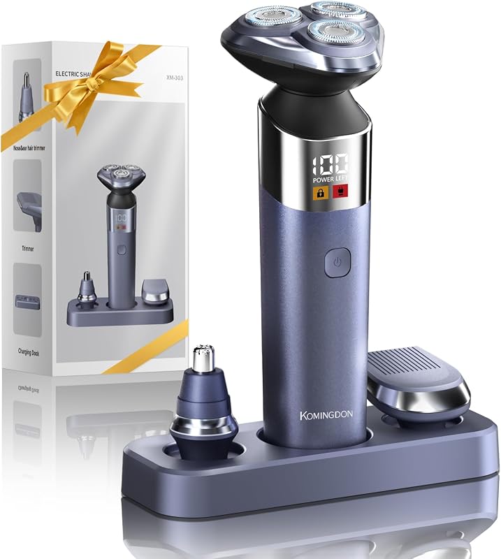 Barbeador elétrico rotativo 3 em 1 KOMINGDON com aparador para nariz e costeletas, IPX6, USB-C, modelo XM-303-BLUE