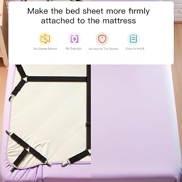 EasYoung 12PCS Bed Sheet Straps, Secure & Adjustable Fitted Sheet Holders for Full, Queen, King & More, Heavy Duty Nylon & Metal Clips