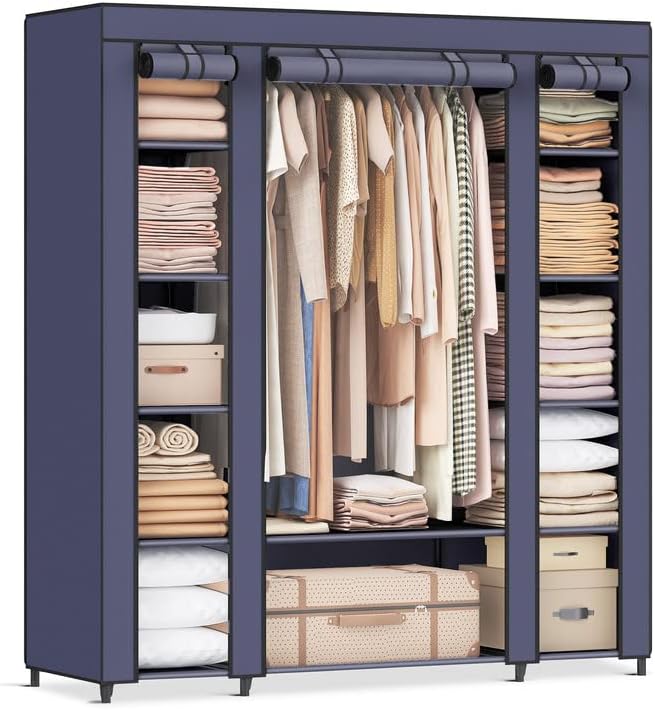 SONGMICS Closet Wardrobe, Portable Closet for Bedroom, Clothes Rail with Non-Woven Fabric Cover, Clothes Storage Organizer, 59 x 17.7 x 69 Inches, 12 Compartments, Dark Blue ULSF003I02