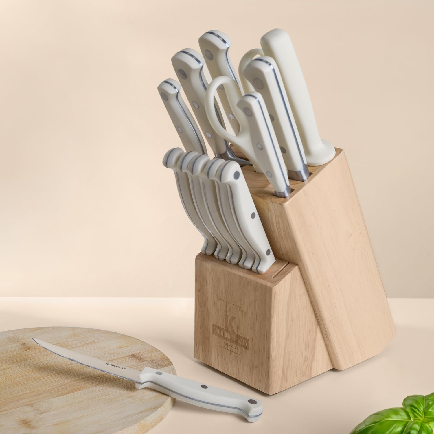 KASANOVA - Bloc en bois avec 11 couteaux, ciseaux et aiguiseur, bloc porte-couteaux de cuisine, set complet pour la cuisine