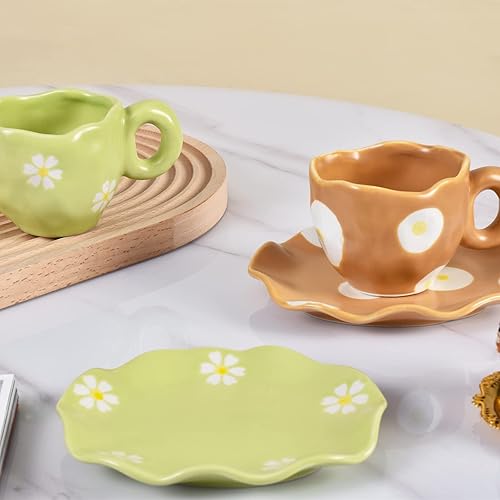 Miniatura 5 de Koythin Taza de café de cerámica con platillo, lindo y creativo plato de margaritas para oficina y hogar, apto para lavavajillas y microondas, 6.5