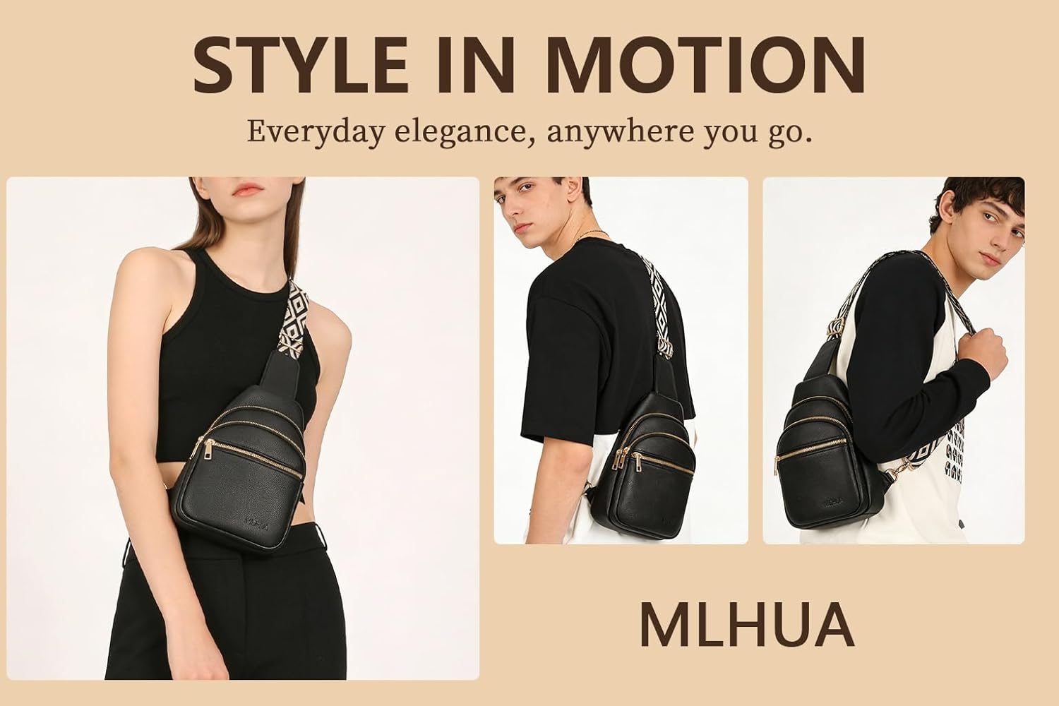 Small Crossbody Sling Bag For Women and Men Vegan Leather Chest Purses Fanny Pack Unisex (Black)