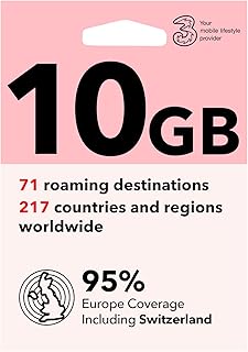 Three Prepaid European SIM Card, 10GB Data+3000 Mins+3000 Texts for 30 Days, 12GB Free Roaming in 73 Destinations inc 95% Europe.UK, France,Germany, Cyprus, Greece, Italy, Norway, Switzerland Sim Card