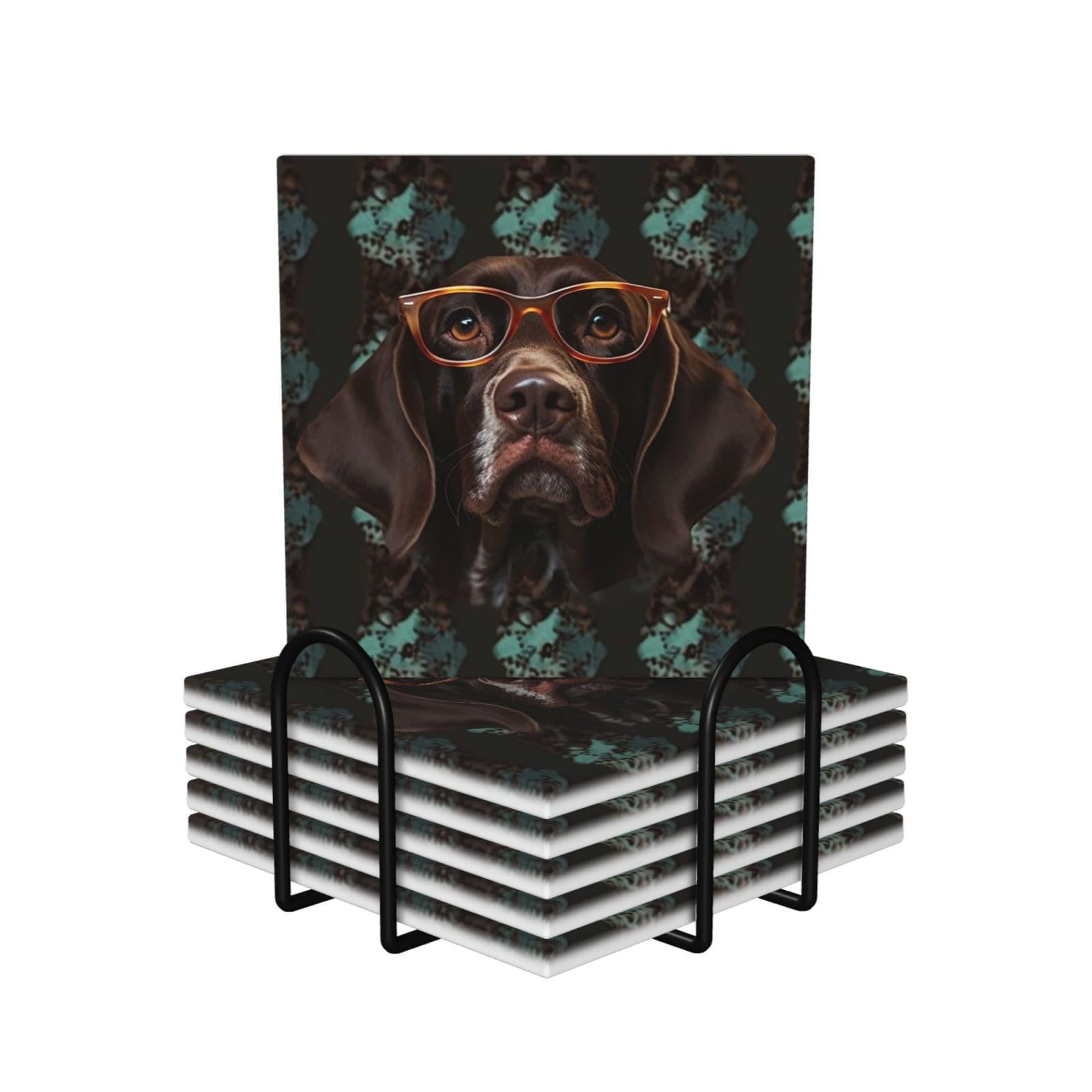 6Pcs Ceramics Coaster for Drinks, German Shorthaired Pointer Cup Coasters with Holder, Aesthetic Drink Coasters for Coffee Table, Absorbent Round Coaster for Tabletop Protection 4" Cup Mat Pad
