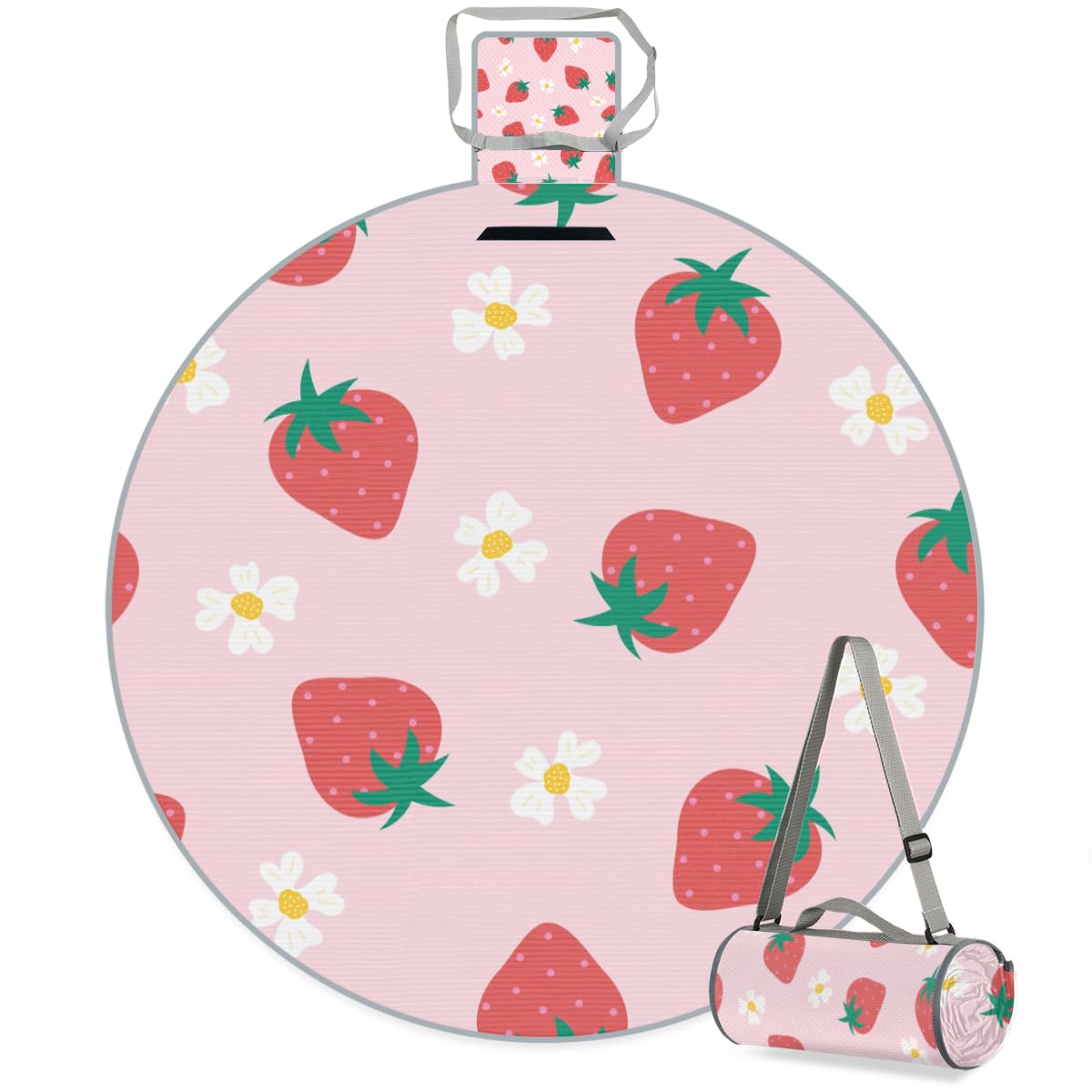 Shimoshe Flower Strawberry Picnic Outdoor Blanket Foldable Waterproof Sandproof Beach Blanket Portable Water-Resistant Round Picnic Mat for Travel Camping Park Lawn