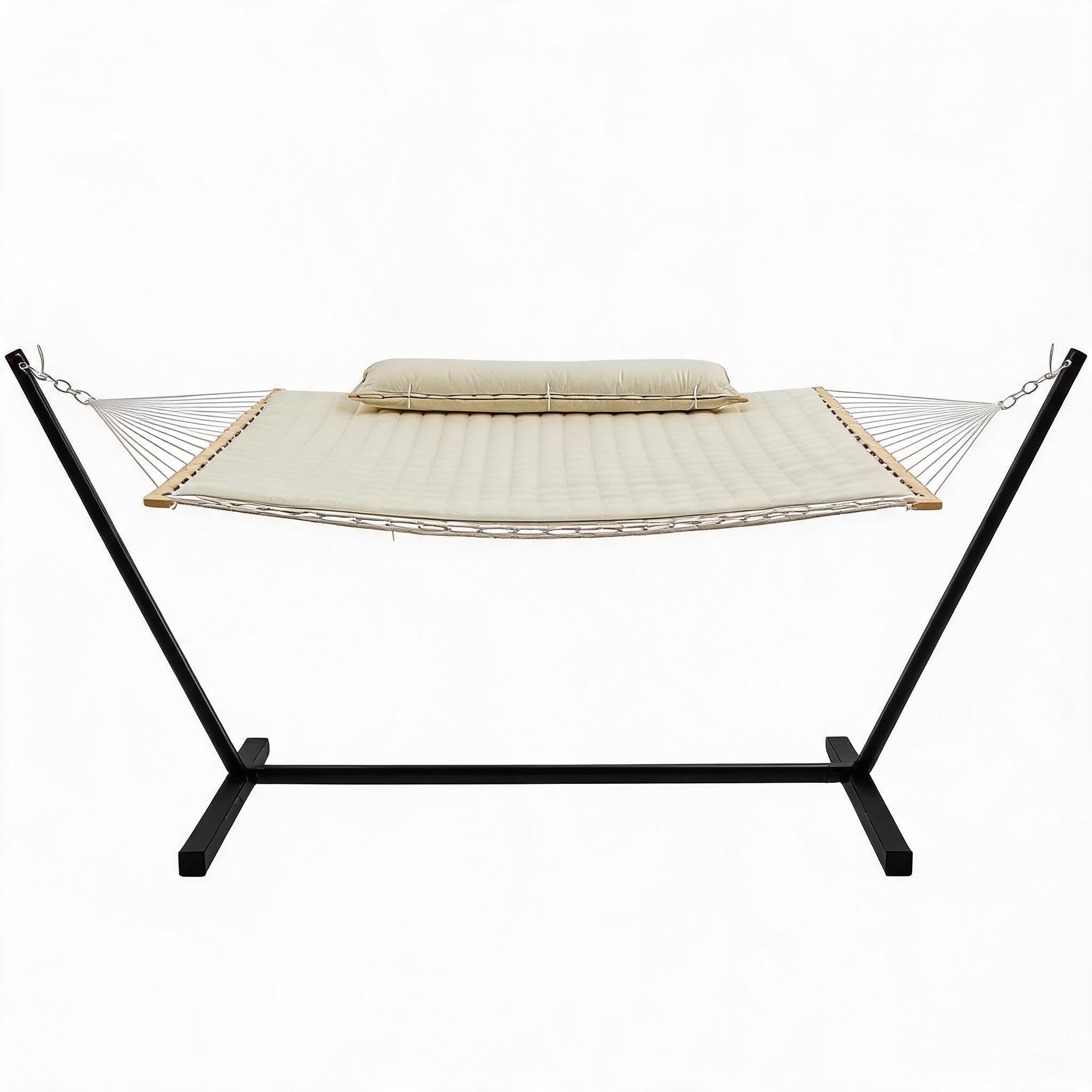 12 ft Hammock with Stand - Polyester Quilted Double Hammock with Spreader Bars, Net Bag and Cushion for Garden Patio Outdoor, 365x140x92cm, Beige
