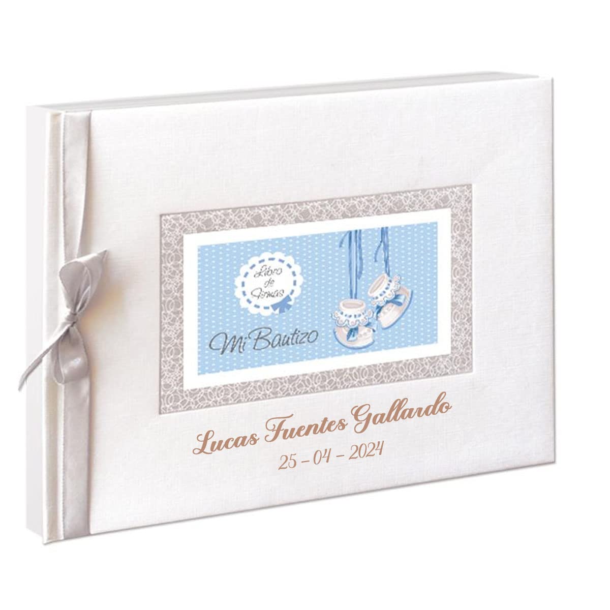 Libro de firmas para bautizo, personalizado grabado con nombre del niño y fecha. Modelo Patucos (Azul)