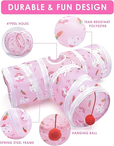 Bissap Rabbit Tunnel, 9.8'' Collapsible Bunny Tunnel and Tube 3 Ways Pet Hideout with 1 Play Ball for Indoor Kittens Dwarf Rabbits Bunnies Guinea Pigs Chinchillas Small Animal Activity Fun Toys (Pink)(Pink,Large)