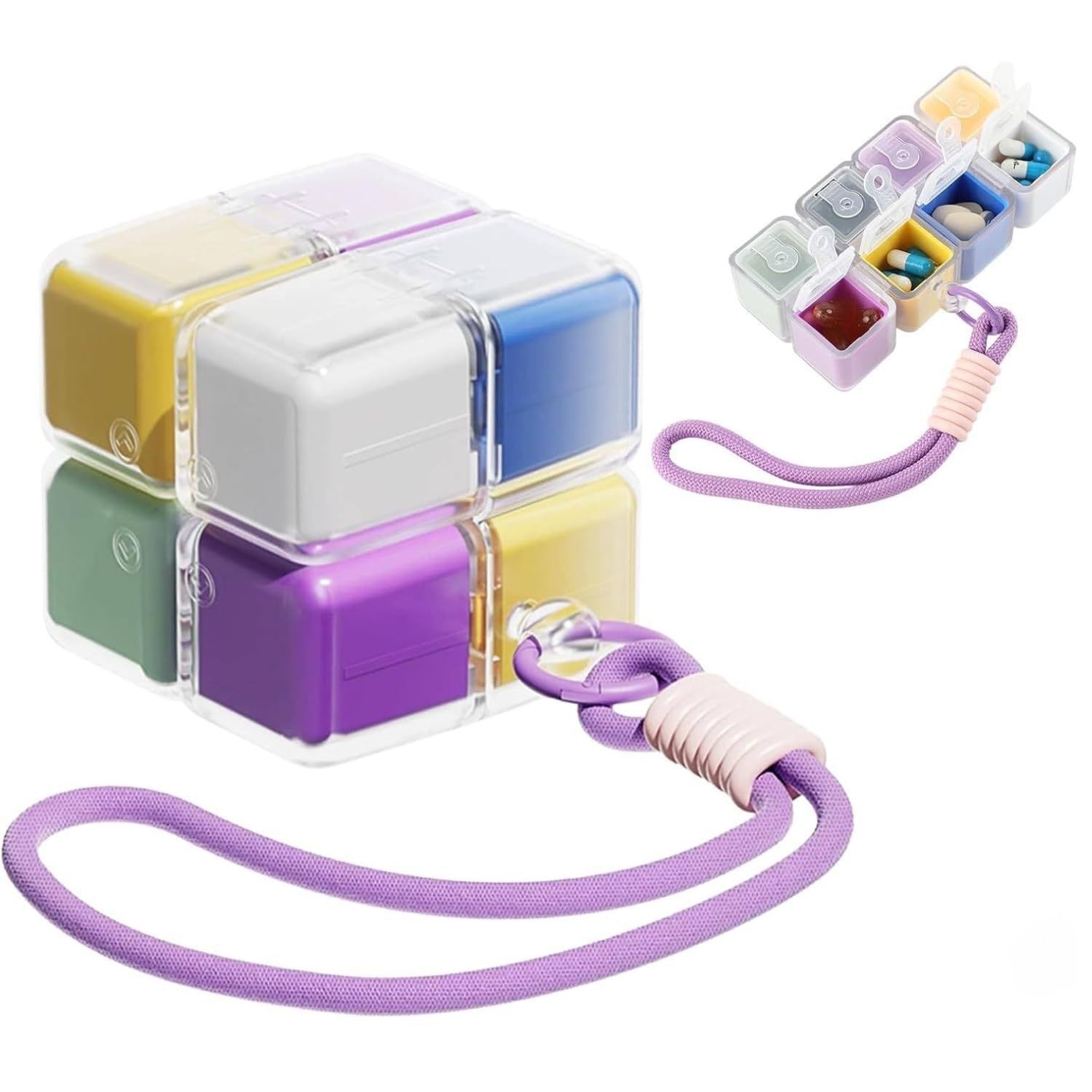 Cube Pill Box Keychain | 8-Grid Magnetic Travel Pill Organizer | Portable Waterproof Vitamin Medicine Storage Box for Daily Use | Cute Cube Pill Holder with Lanyard for Men & Women-image-33
