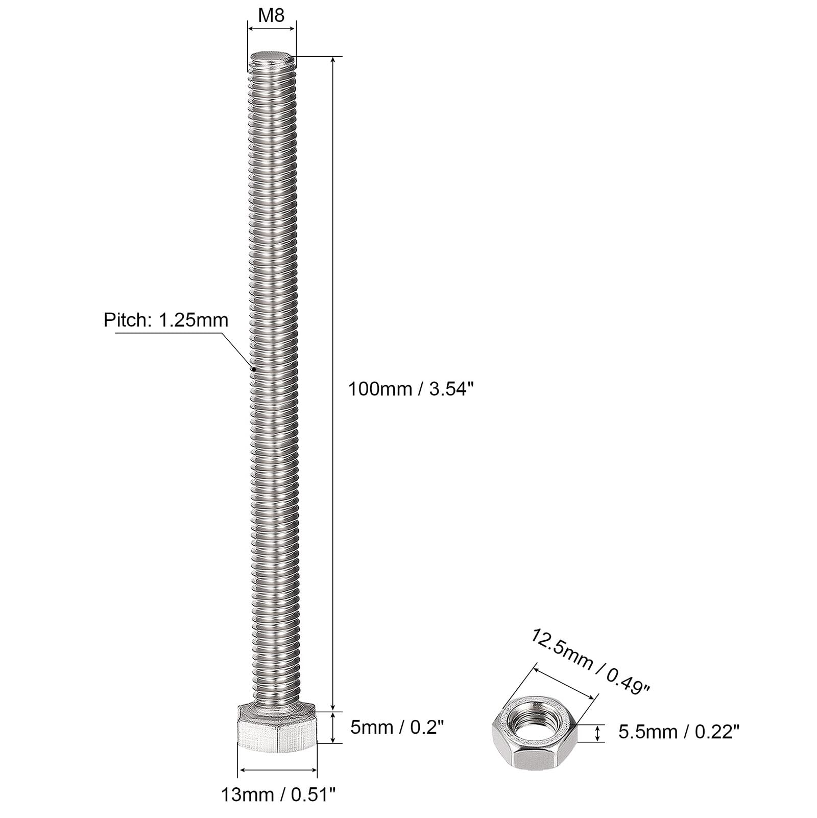 TOP-VIGOR 4Pcs M8 x 100mm Hex Head Screws Bolts, Nuts, Flat & Lock Washers Kits - Image 2