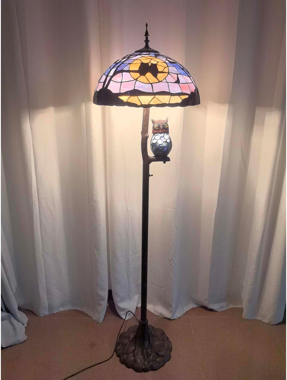 Bieye L10984 Tiffany Style Stained Glass Owl Floor Lamp, 18" W x 65" H Standing Lamp with Night Light for Living Room Bedroom Decor