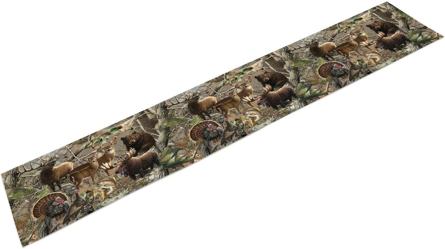 Forest Camouflage Table Runner Dresser Scarves, Camo Rustic Deer Elk Bird Bear Linen Table for Party Kitchen Dining Banquet 13x120in