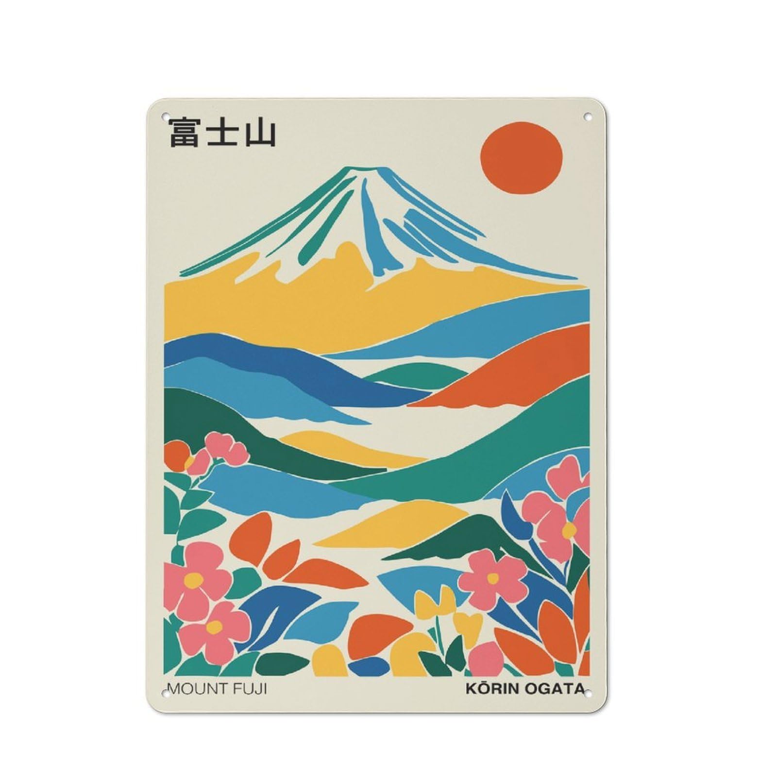 Junmoney Style-3 Metal Plaque With Mount Fuji Landscape With Flowers Design 40X30cm, Rustic Cafe Wall Decor For Restaurant, Kitchen, Counter Or Breakfast Nook
