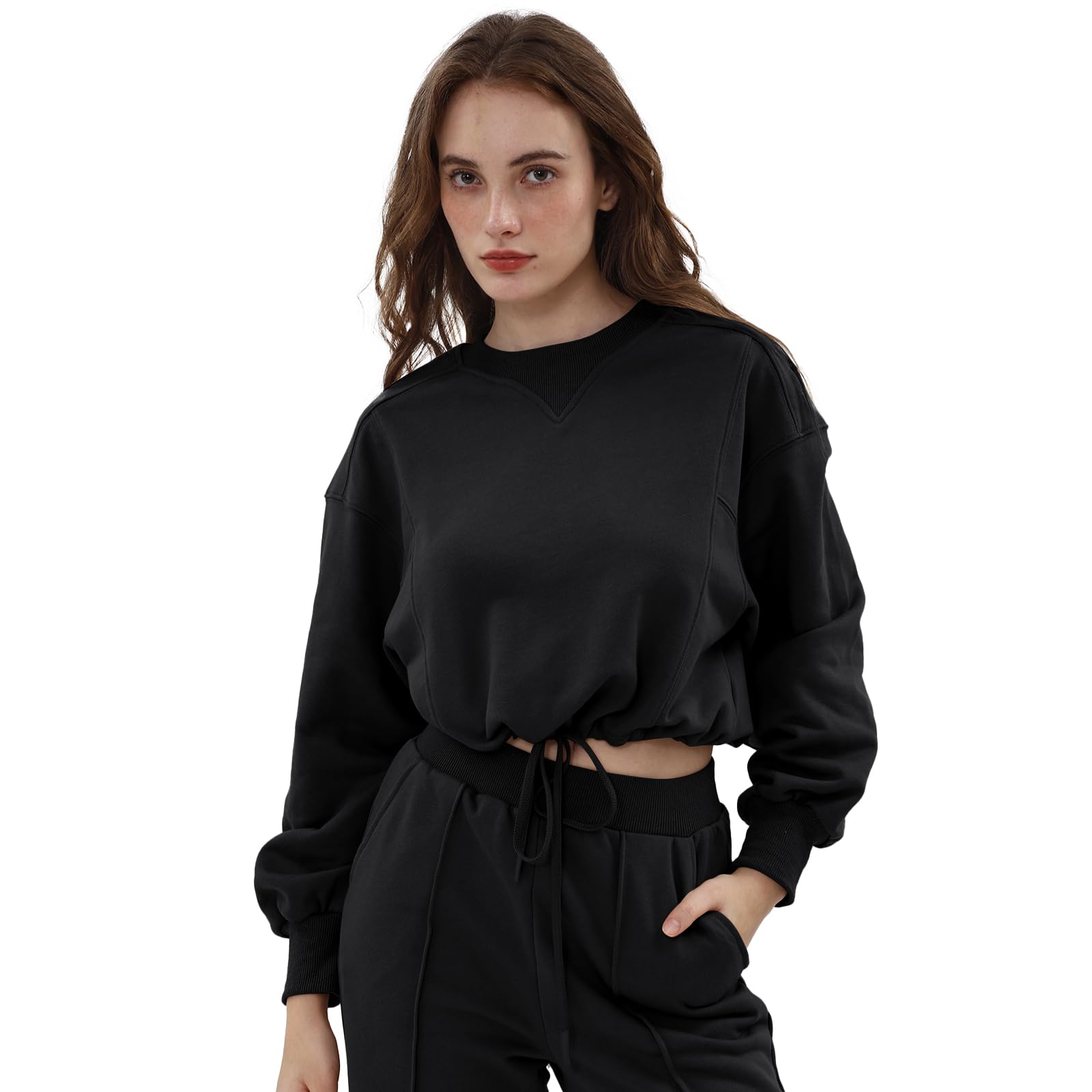 Amazhiyu Sweatshirt für Damen Crop Pullover Herbst Damenpullover Hoodie Ohne Kapuze Langarm Basic Pulli Baumwolle Langarmshirt Tops Bauchfreies Oberteile Winter Mit Kordelzug
