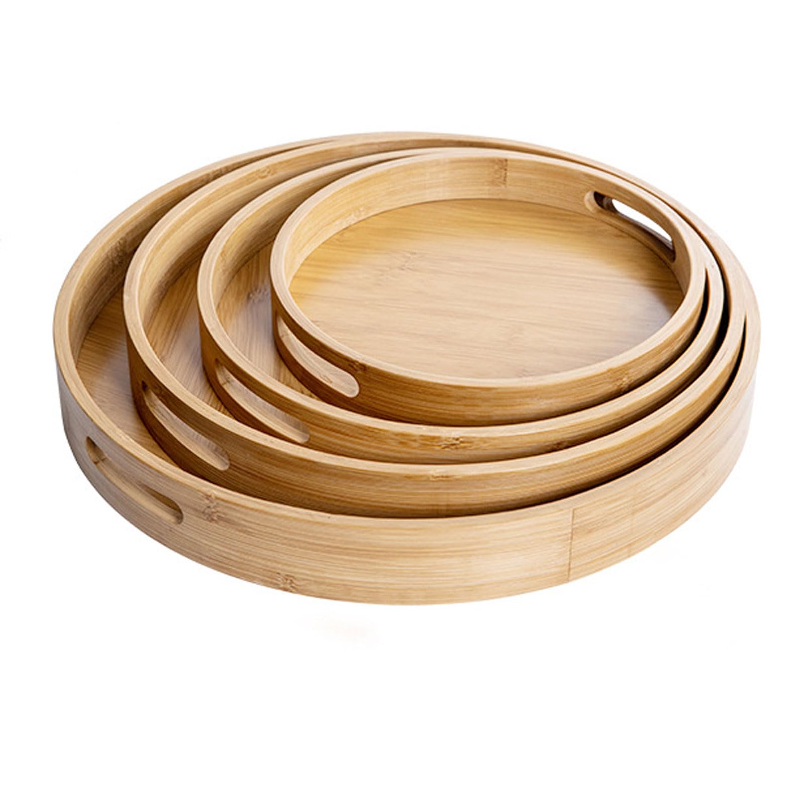 Juego De Bandejas Para Comida Redondas De Bambú, 4 Uds., (grande, Mediano, Pequeño, Extra Grande), Juego De Bandejas Para Comida De Bambú, Bandeja De Madera Con Asas, Bandeja Para Comida