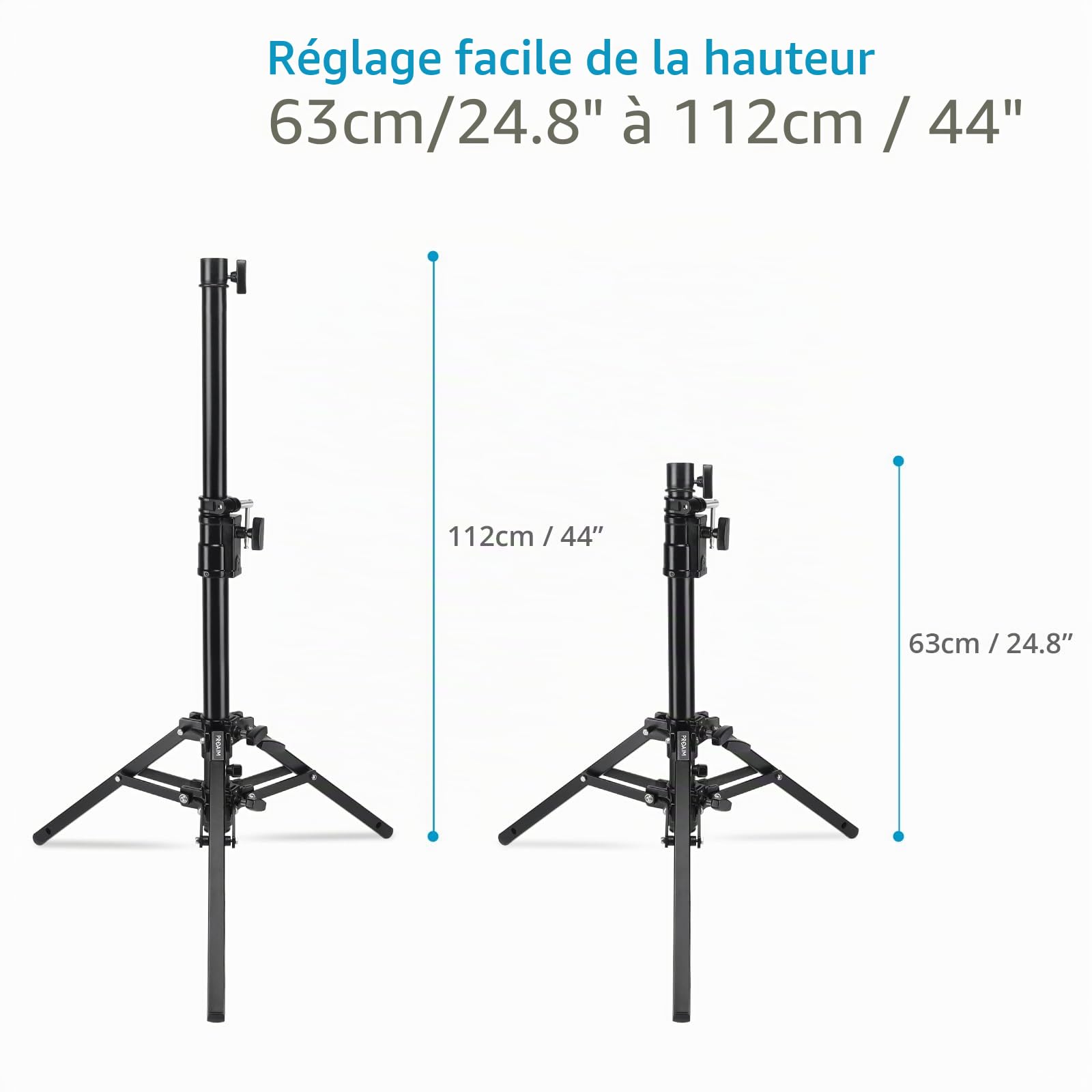 PROAIM Support Slider caméra 44", récepteur pin Junior, Charge 36 kg. | Hauteur réglable de 24,8 à 44 pouces ; structure acier et aluminium 2 sections ; base 31 pouces avec 2 pieds de nivellement.